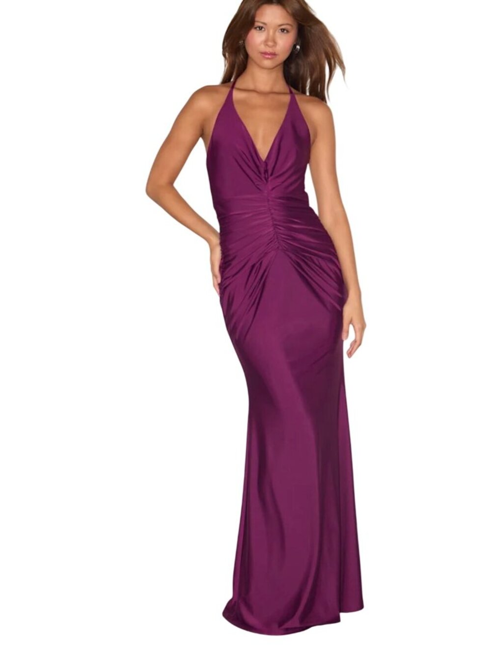 Lulus Zaniya Plum Ruched Halter Maxi Dress Sz LG Stretch Event HOCO Formal